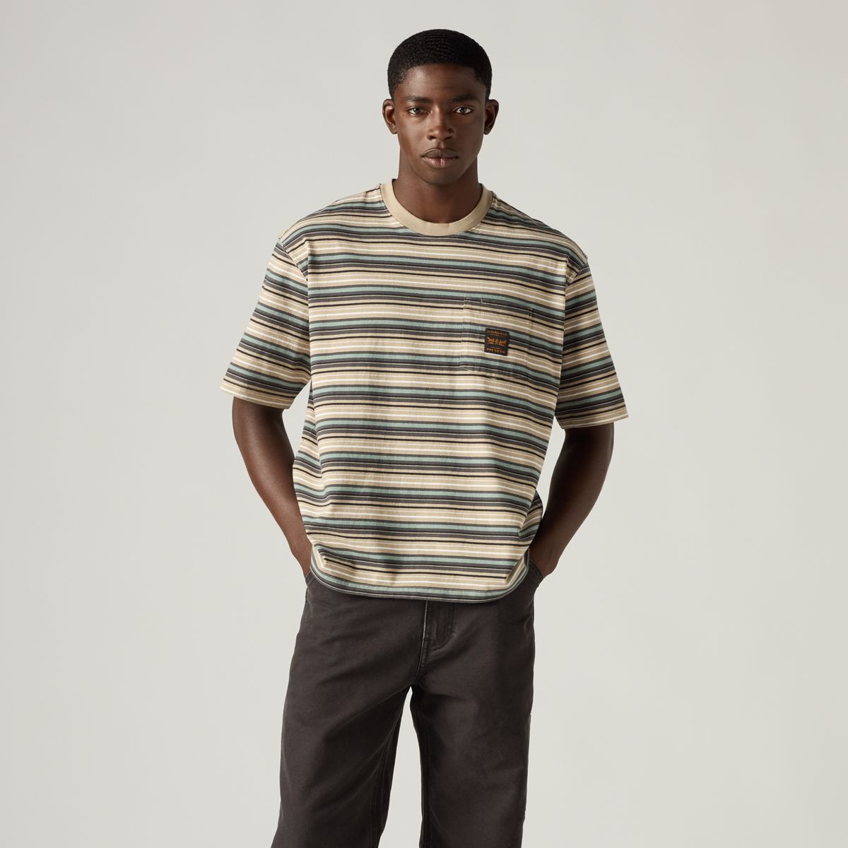 Workwear Boxy Pocket Short-Sleeve T-Shirt — Jason Stripe Trench Coat Volcanic Ash - Multi-Color