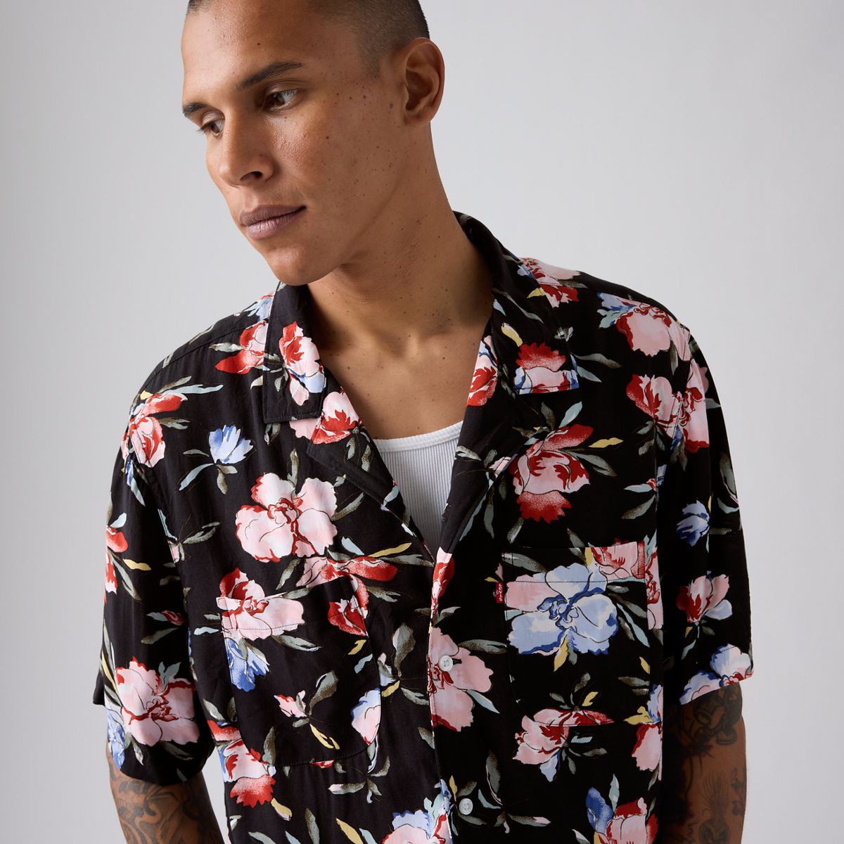 Short Sleeve Classic Camper Lightweight Shirt — Black Brushstroke Floral - Multi Colour