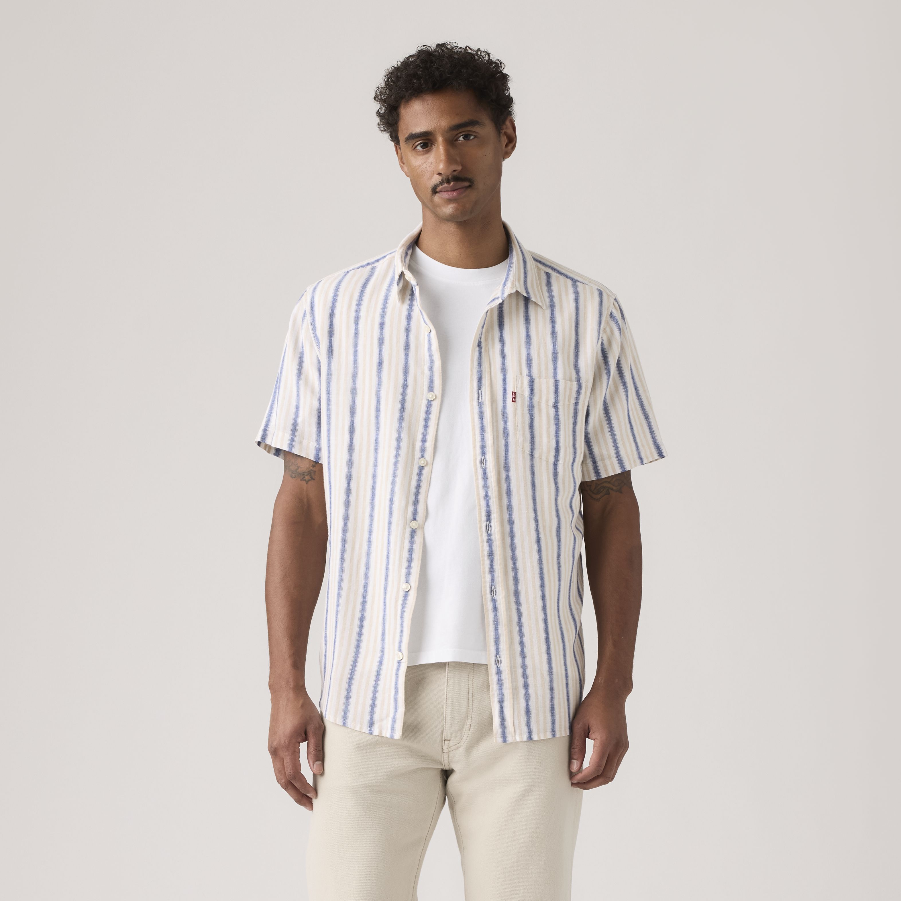 Short-Sleeve Sunset One Pocket Cotton Linen Shirt 7