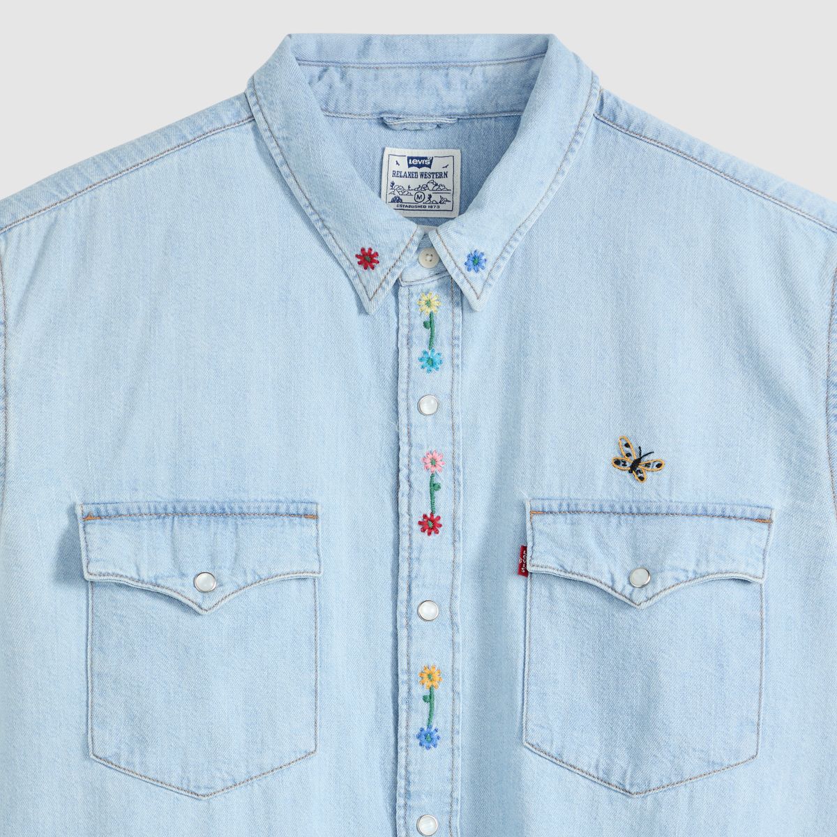 Relaxed Fit Western Shirt — Spring Flowers Embroidery - Blue