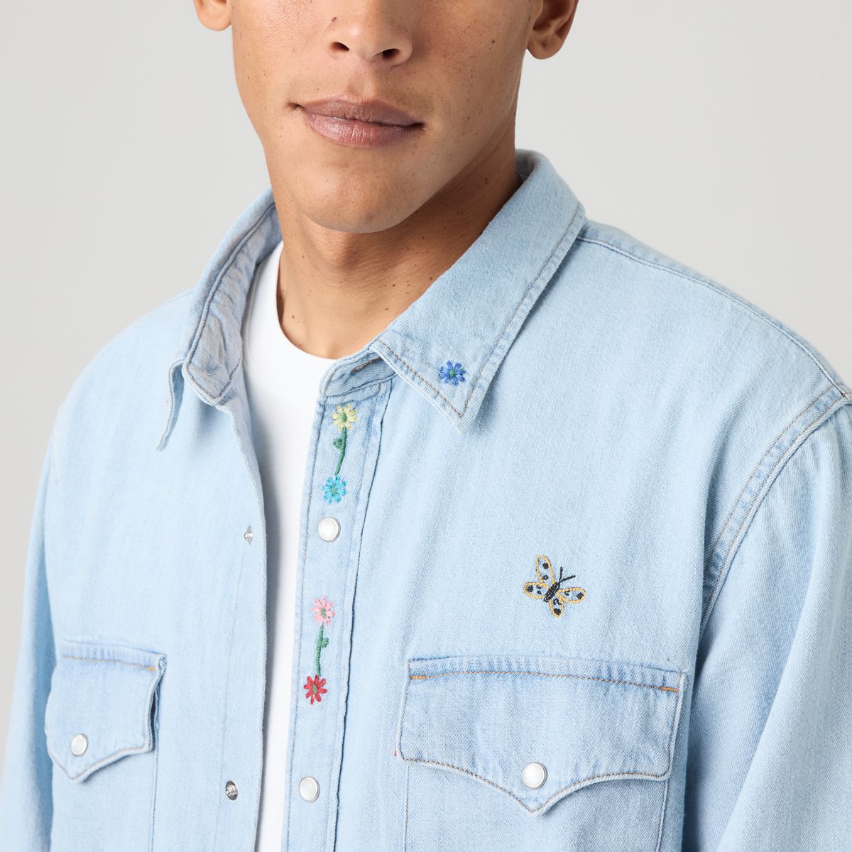 Relaxed Fit Western Shirt — Spring Flowers Embroidery - Blue
