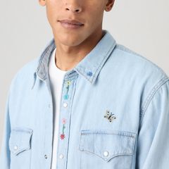 Relaxed Fit Western Shirt — Spring Flowers Embroidery - Blue 2