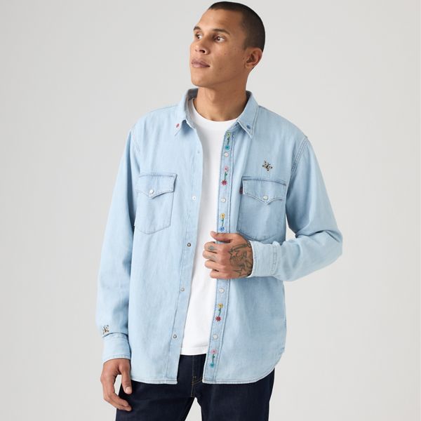 Relaxed Fit Western Shirt — Spring Flowers Embroidery - Blue