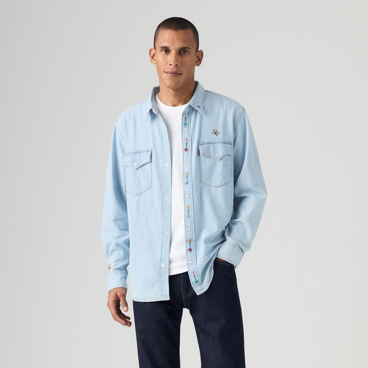 Relaxed Fit Western Shirt — Spring Flowers Embroidery - Blue