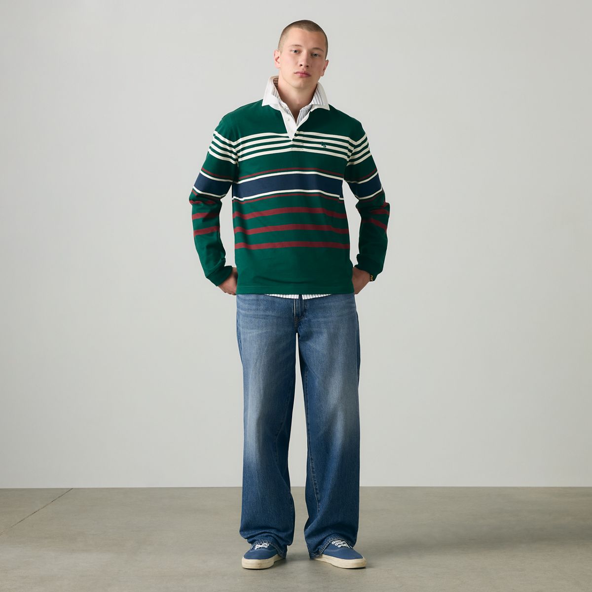100% Cotton Union Rugby Polo Shirt — Amos Stripe Ponderosa Pine - Green
