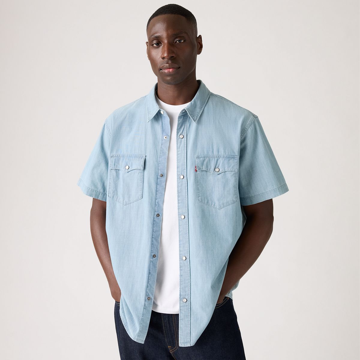 Short Sleeve Relaxed Fit Western Shirt — New Hyde Chambray - Blue