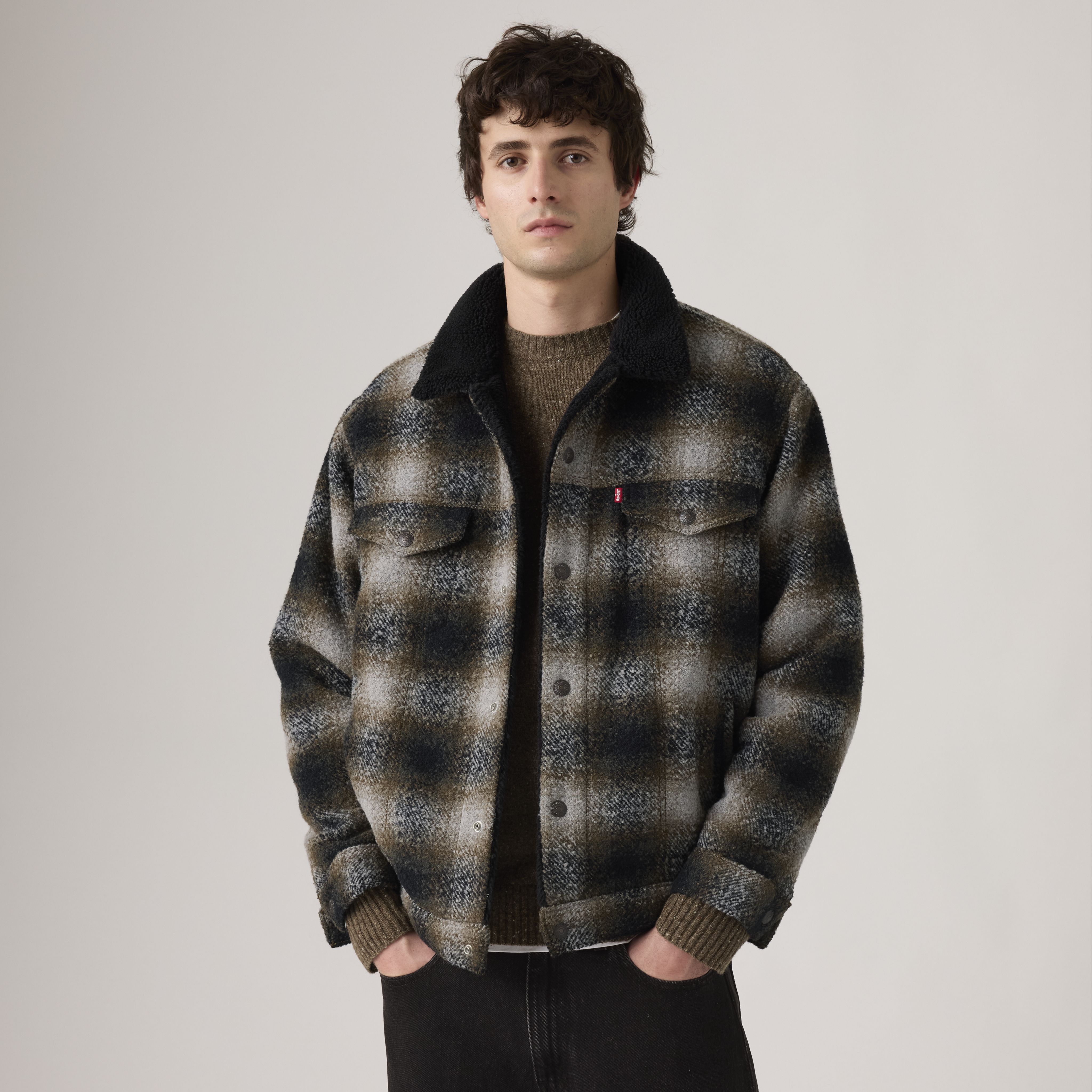 Relaxed Fit Plaid Sherpa Trucker Jacket 1