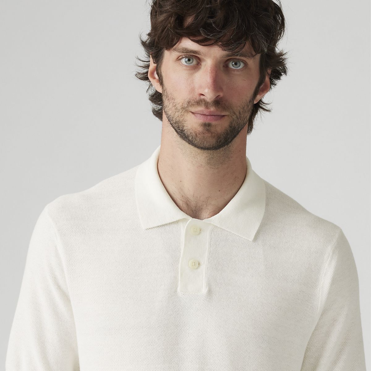 Sweater Cotton Linen Knit Polo — Bright White Cotton Linen - White