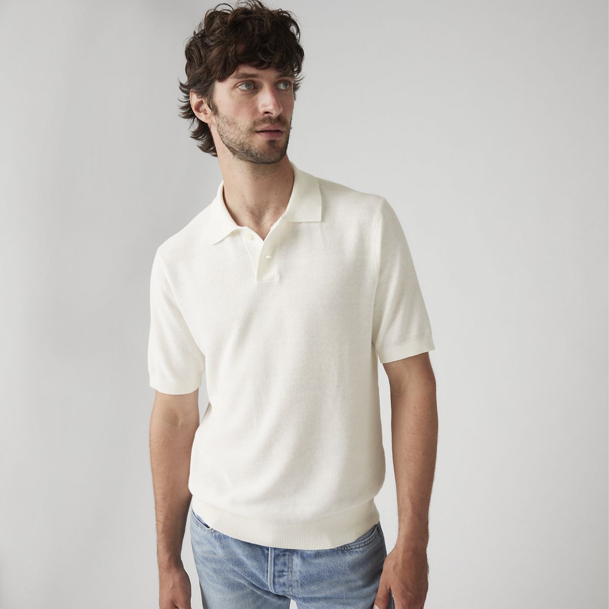 Sweater Cotton Linen Knit Polo — Bright White Cotton Linen - White