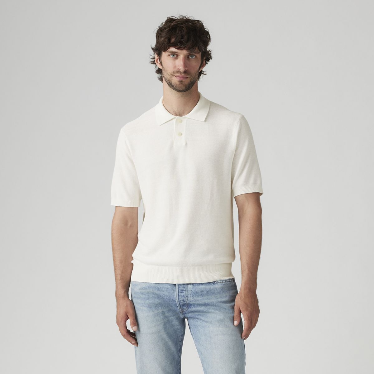 Sweater Cotton Linen Knit Polo — Bright White Cotton Linen - White