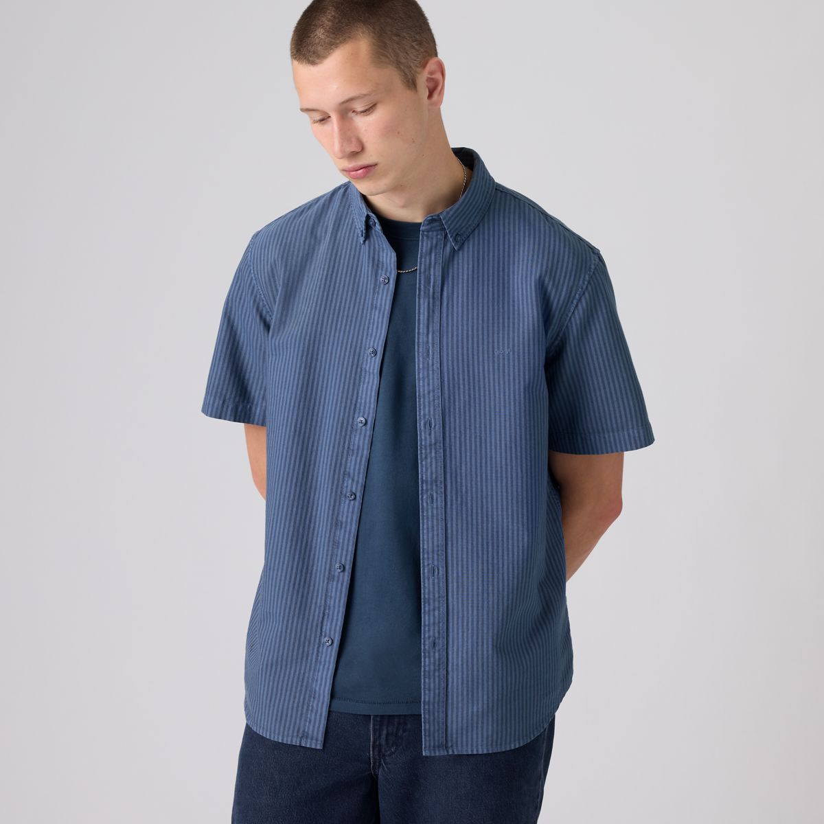 Short Sleeve Authentic Button-Down Lightweight Shirt — Vintage Indigo Gd Stripe - Blue