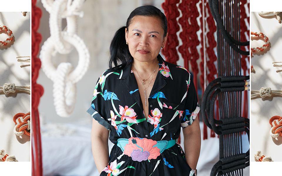 Portrait of Windy Chien between images of her fiber work.