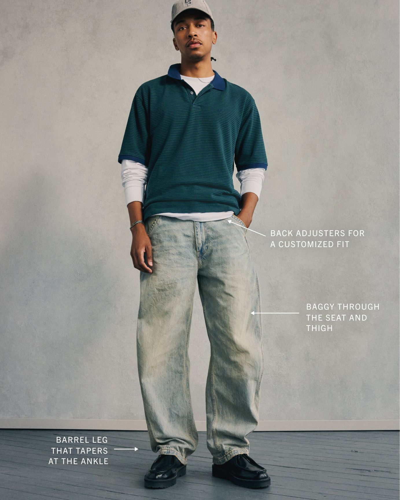 Model wearing Baggy Barrel