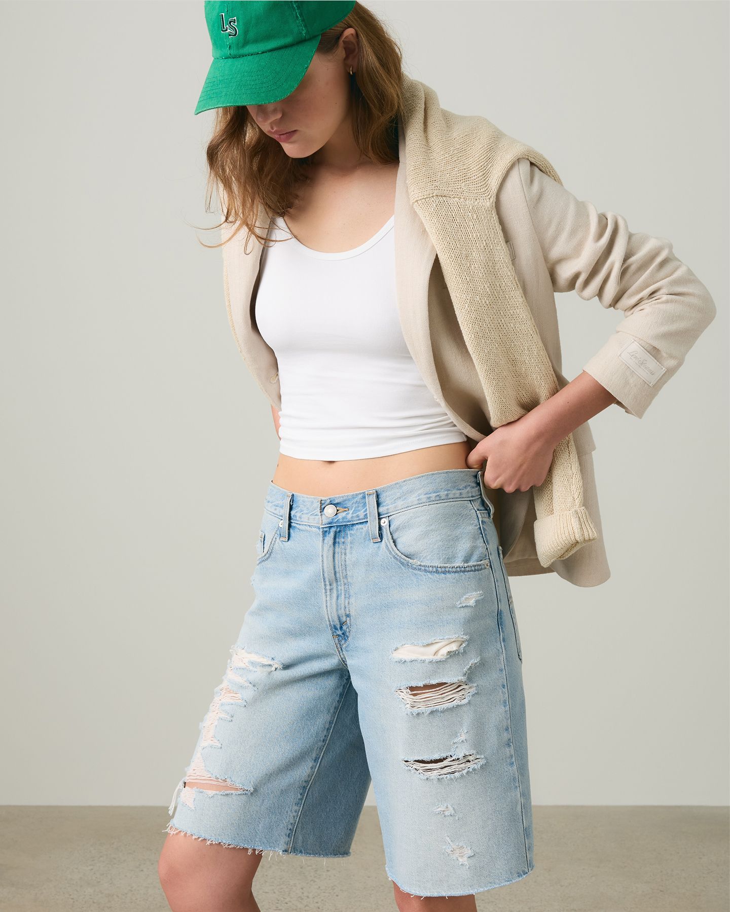 model wearing baggy shorts