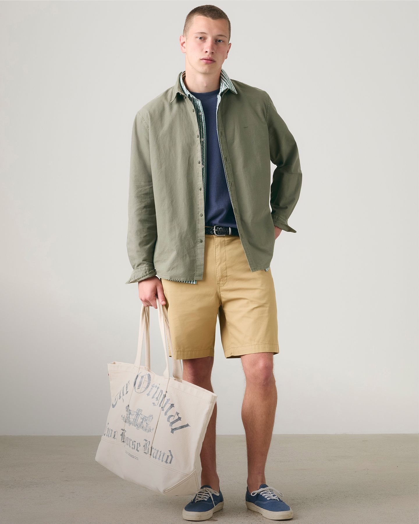 model wearing cargo shorts