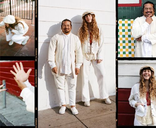 Collage of photos featuring Haley Slocum and Gem Mateo. They are both wearing white head-to-toe.