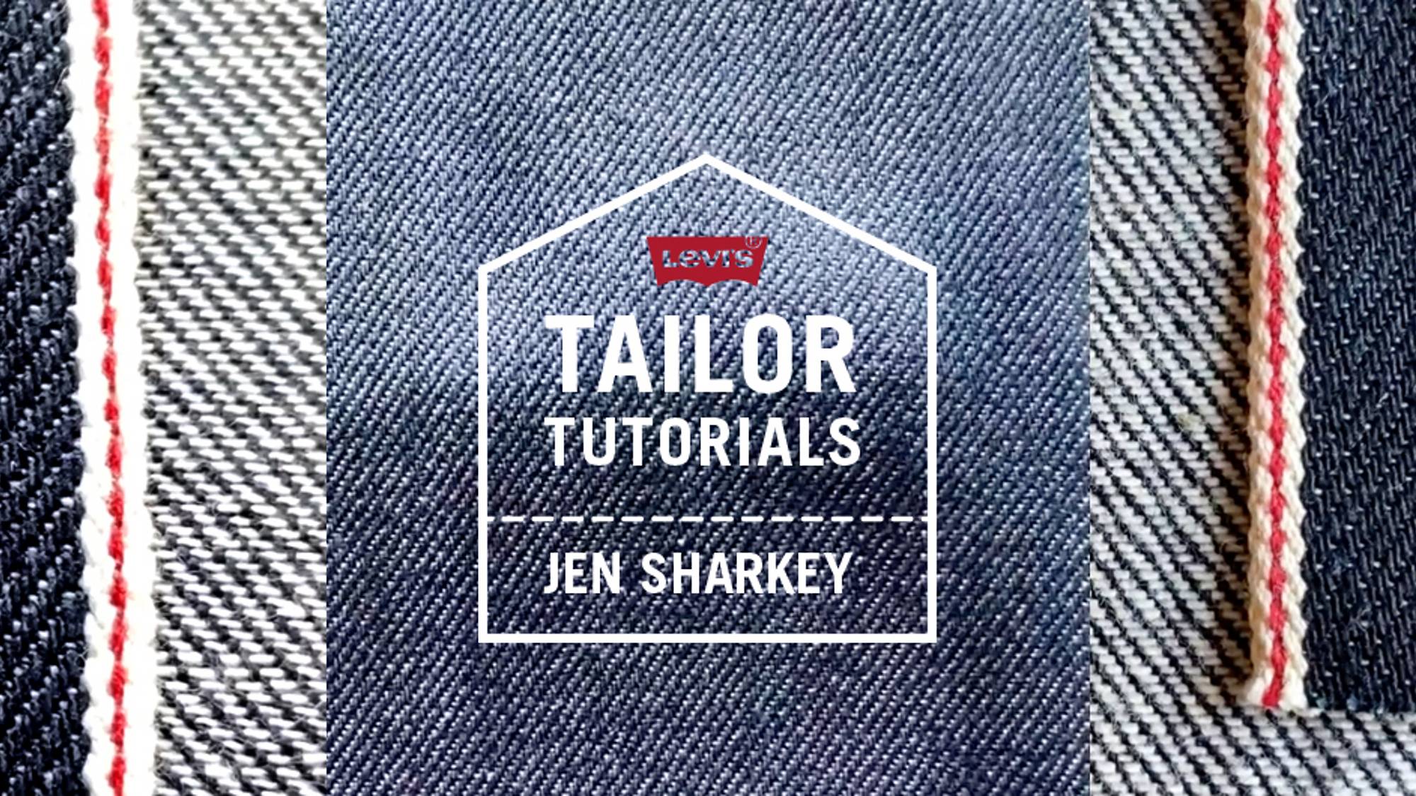 A denim background with the words, "Tailor Tutorials, Jen Sharkey"