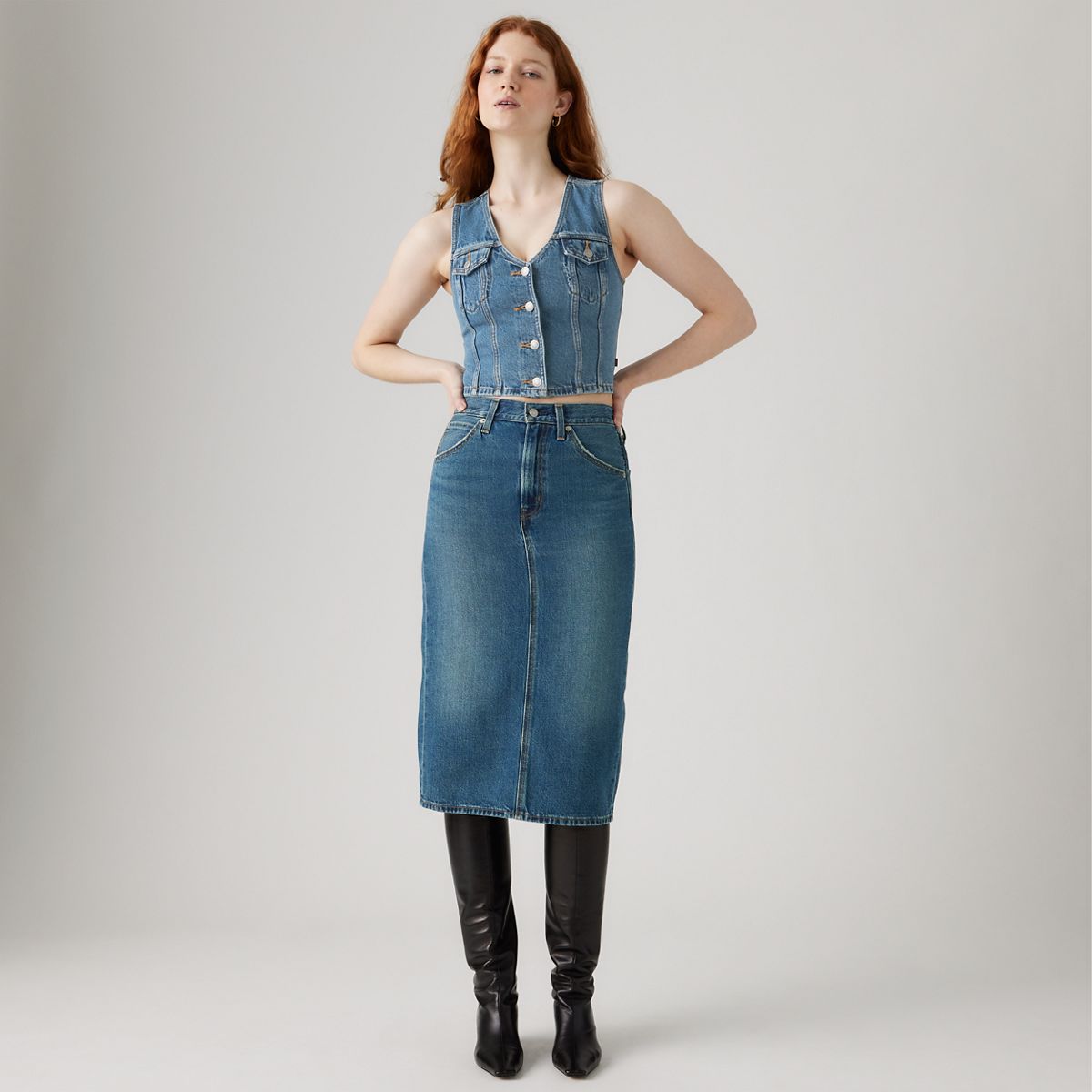 High Rise Slit Skirt — Review Time - Medium Wash