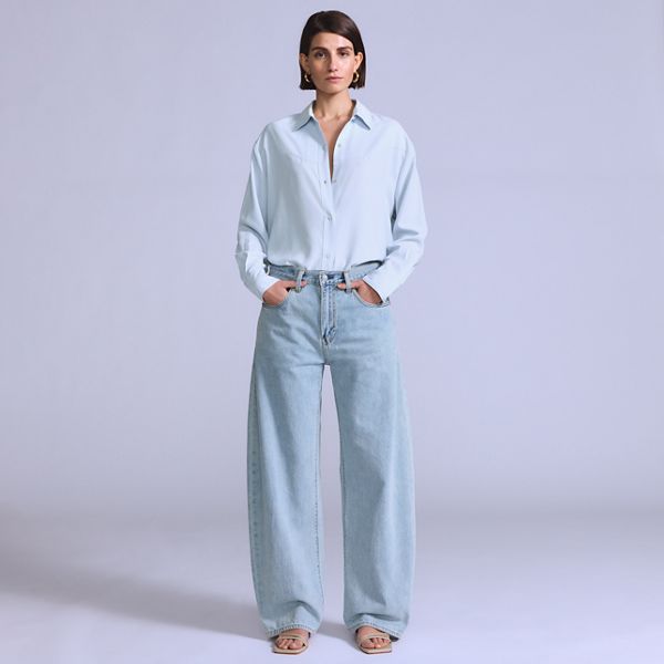 Women's Drop Barrel Jeans — Aqua Marine Made of Japan - Light Wash