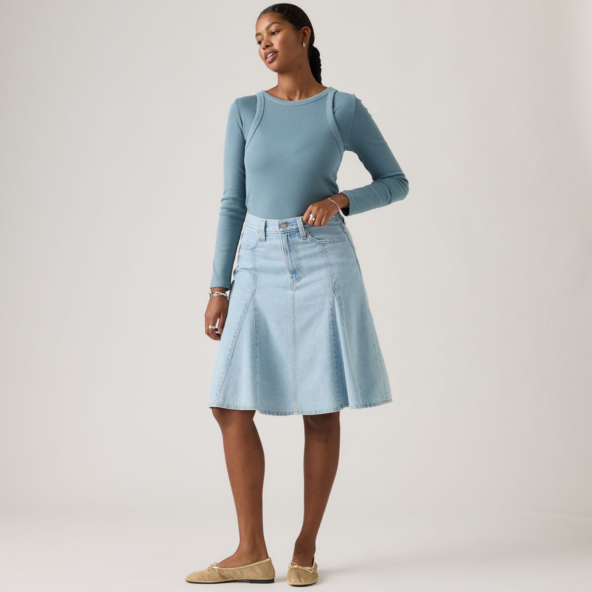 Godet Knee Length Lightweight Skirt — Pof Course Stone - Blue