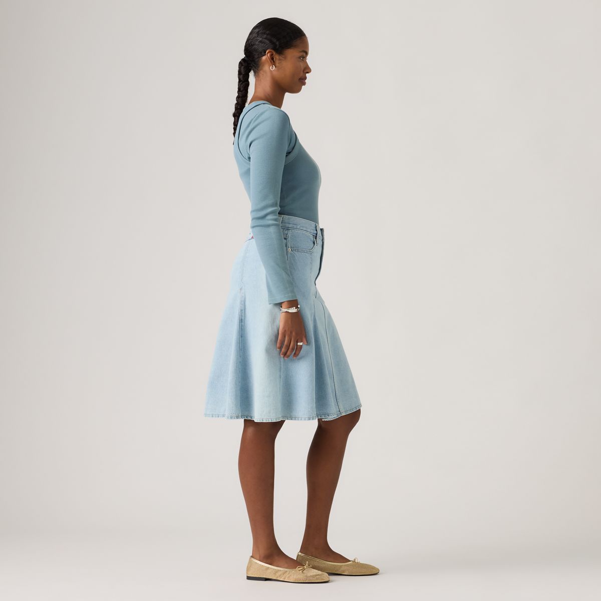 Godet Knee Length Lightweight Skirt — Pof Course Stone - Blue