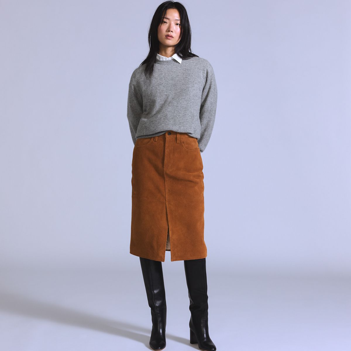 Suede Pencil Skirt — Toffee - Brown