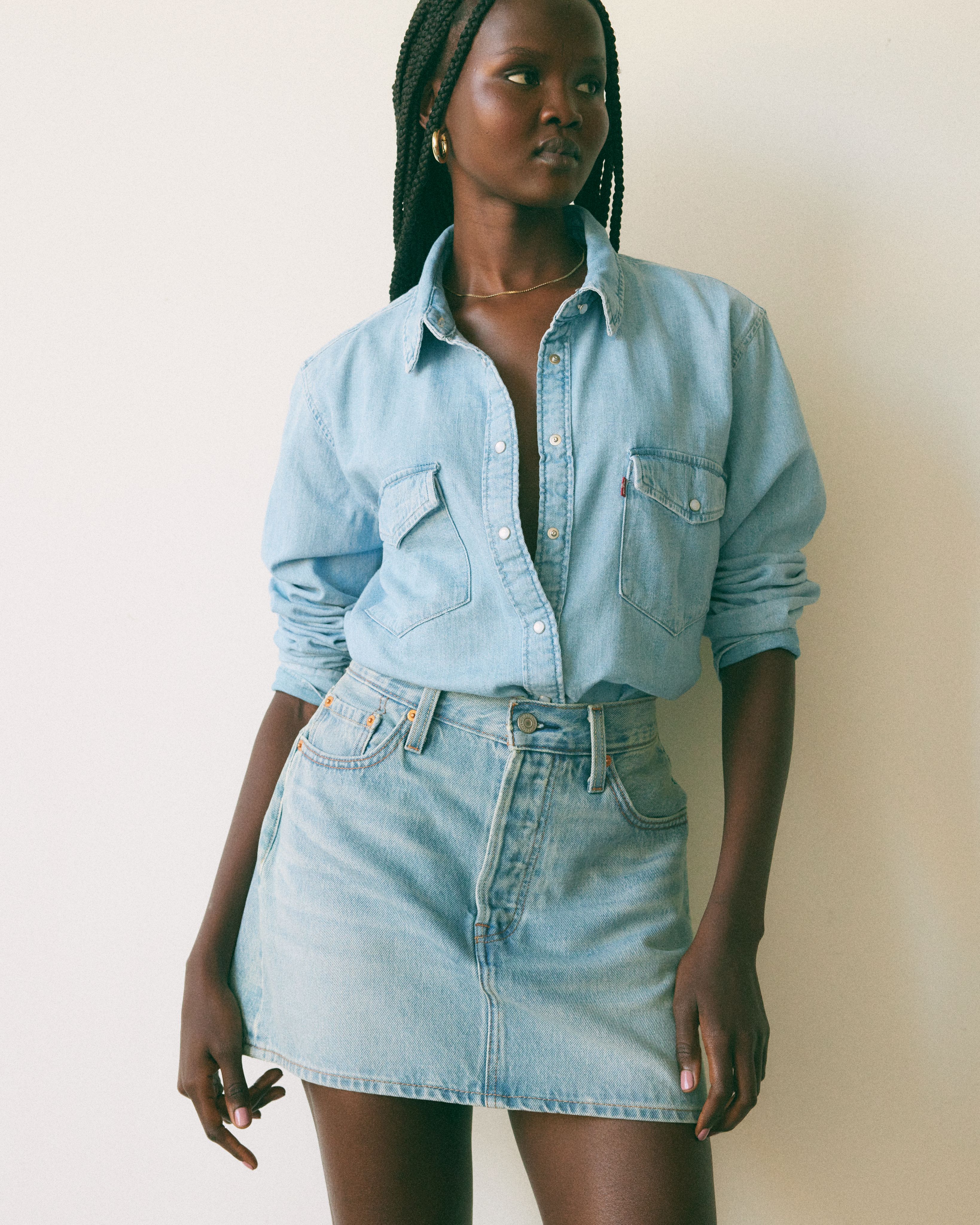 Female model wearing icon skirt