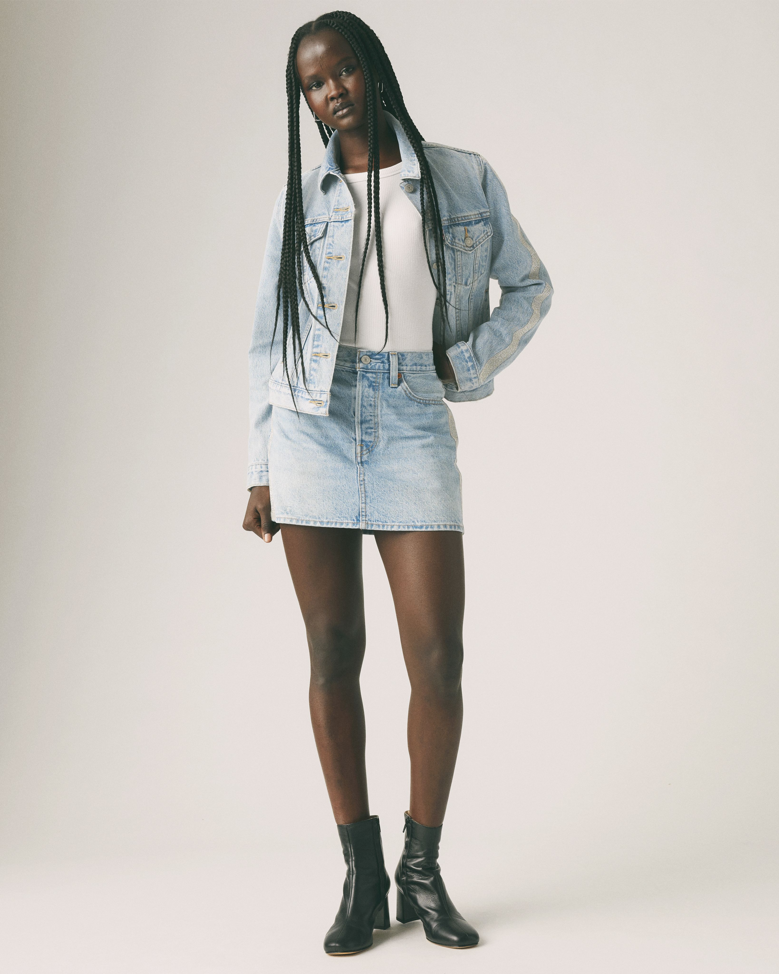 Female model wearing icon skirt