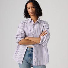 Harlie Boyfriend Button Down Shirt — Costanza Stripe Wisteria - Multi-Color 1