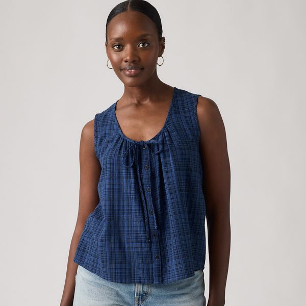 Luella Blouse — Busy Plaid True Navy - Blue