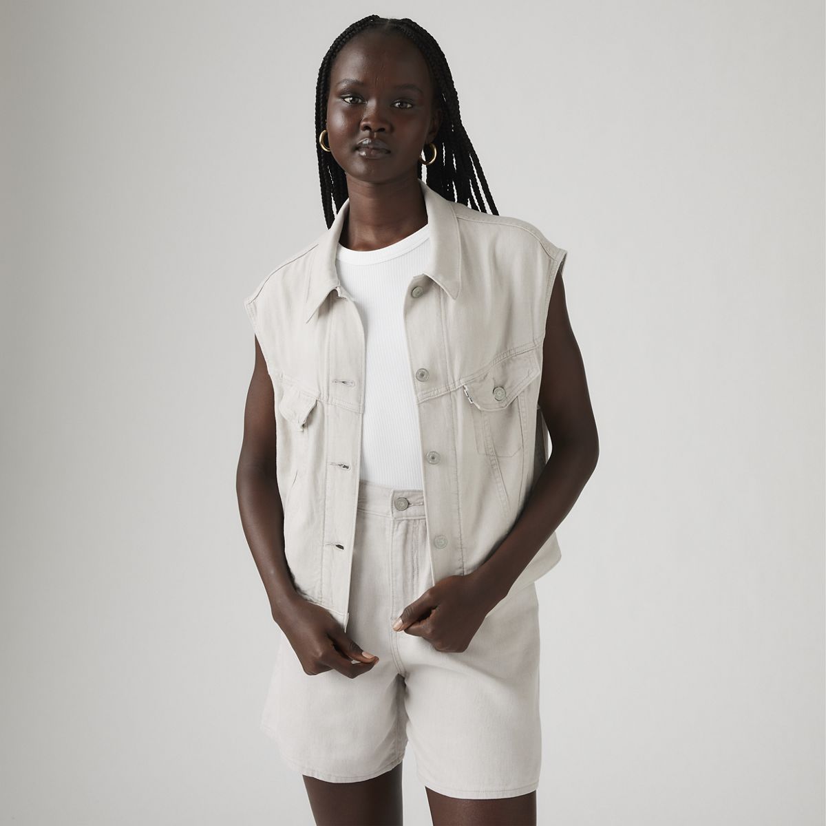 Shrunken '90s Linen Vest — Crystal Grey - White