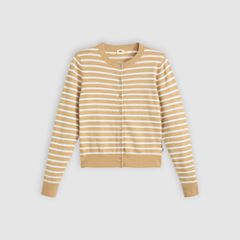 Supersoft Pointelle Crewneck Cardigan — Paris Stripe Curds Whey Triblend - Neutral 5