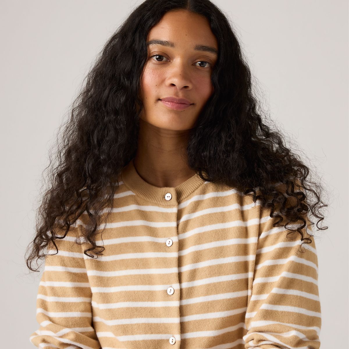 Supersoft Pointelle Crewneck Cardigan — Paris Stripe Curds Whey Triblend - Neutral