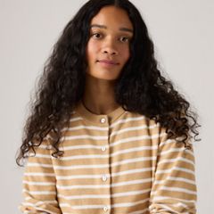 Supersoft Pointelle Crewneck Cardigan — Paris Stripe Curds Whey Triblend - Neutral 4