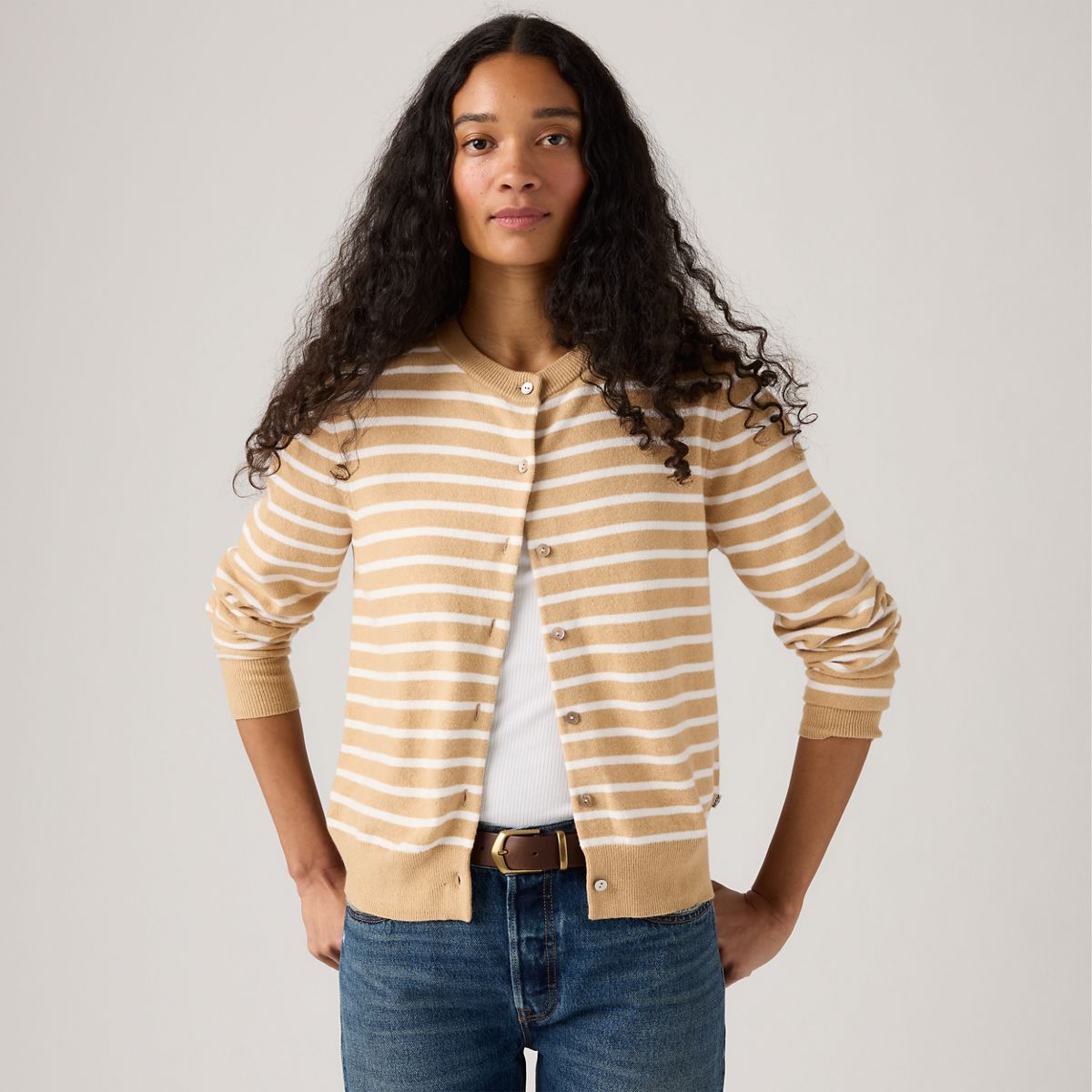 Supersoft Pointelle Crewneck Cardigan — Paris Stripe Curds Whey Triblend - Neutral