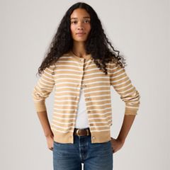 Supersoft Pointelle Crewneck Cardigan — Paris Stripe Curds Whey Triblend - Neutral 1