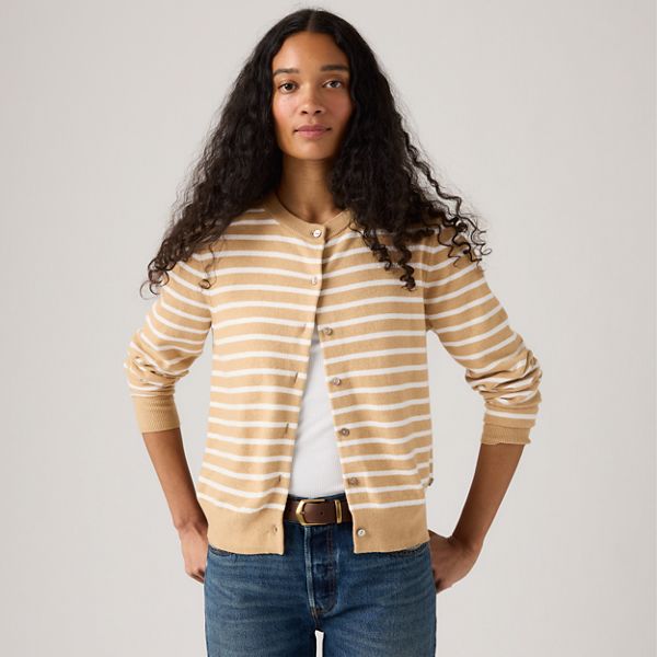 Supersoft Pointelle Crewneck Cardigan — Paris Stripe Curds Whey Triblend - Neutral