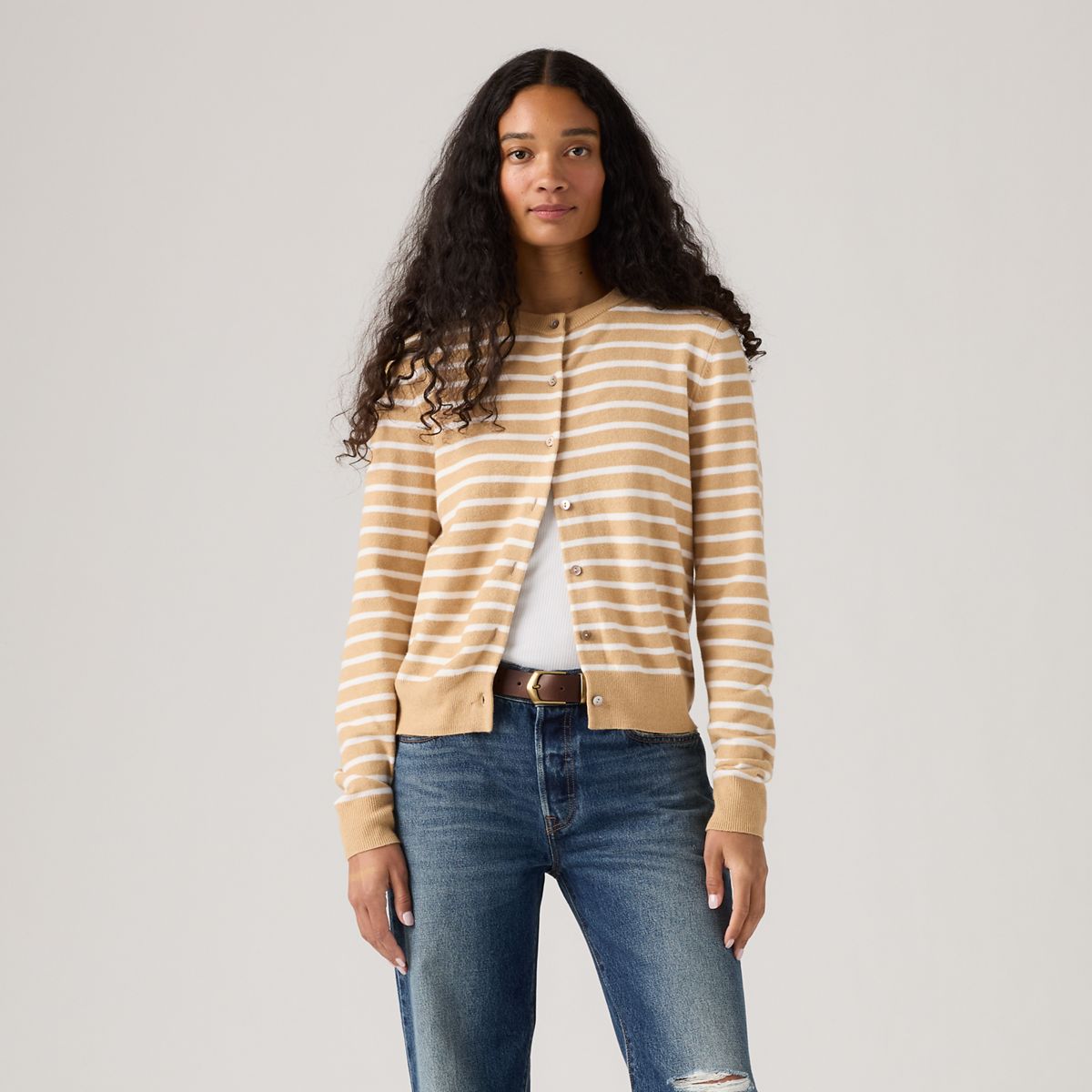 Supersoft Pointelle Crewneck Cardigan — Paris Stripe Curds Whey Triblend - Neutral