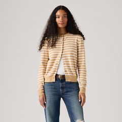 Supersoft Pointelle Crewneck Cardigan — Paris Stripe Curds Whey Triblend - Neutral 2