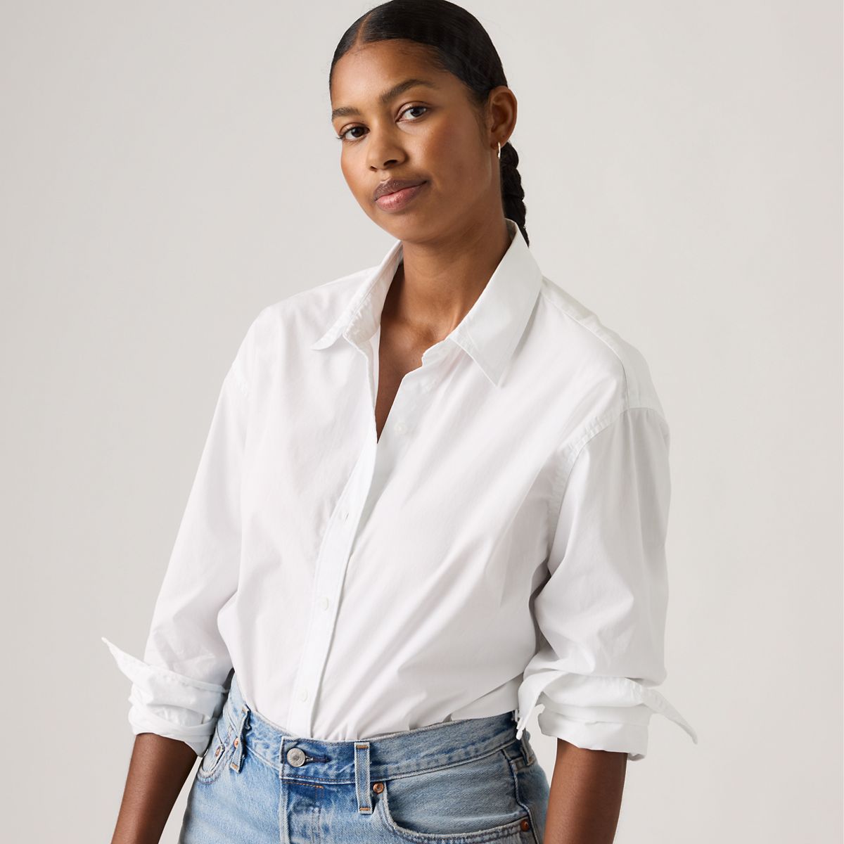 Harlie Cropped Button Down Shirt — Bright White - White
