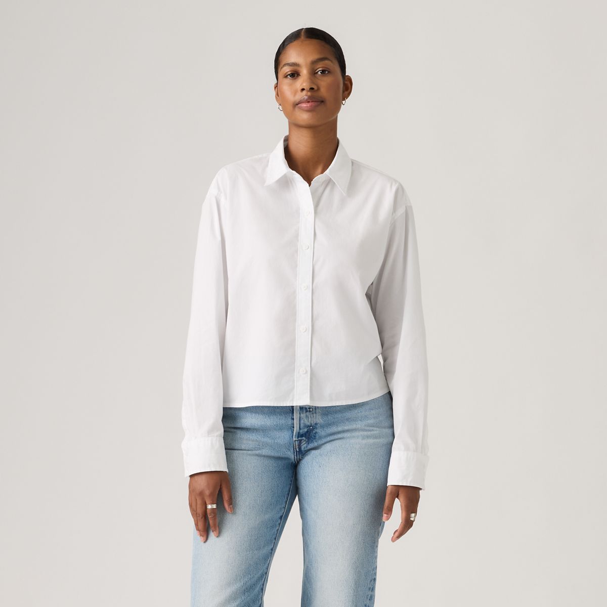 Harlie Cropped Button Down Shirt — Bright White - White