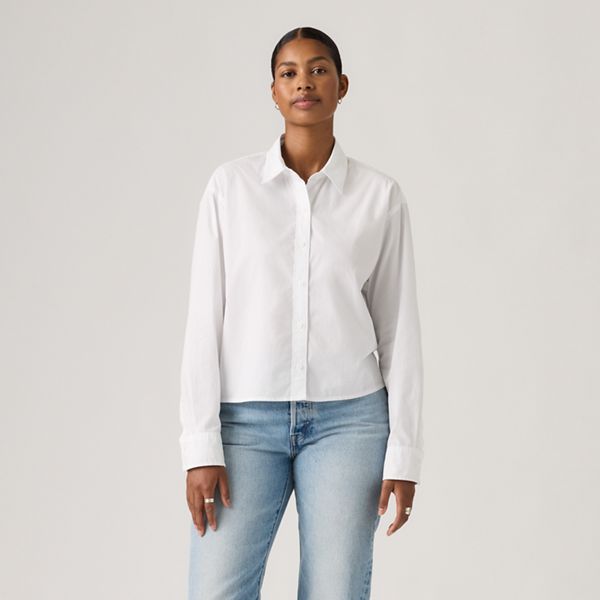 Harlie Cropped Button Down Shirt — Bright White - White