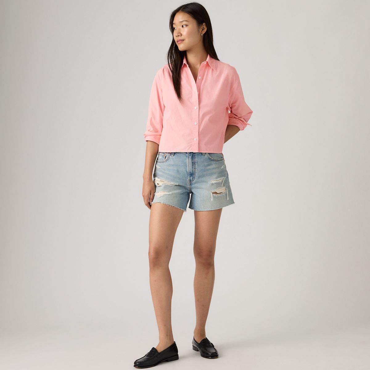 Harlie Cropped Button Down Shirt — Coral Blush GD - Pink