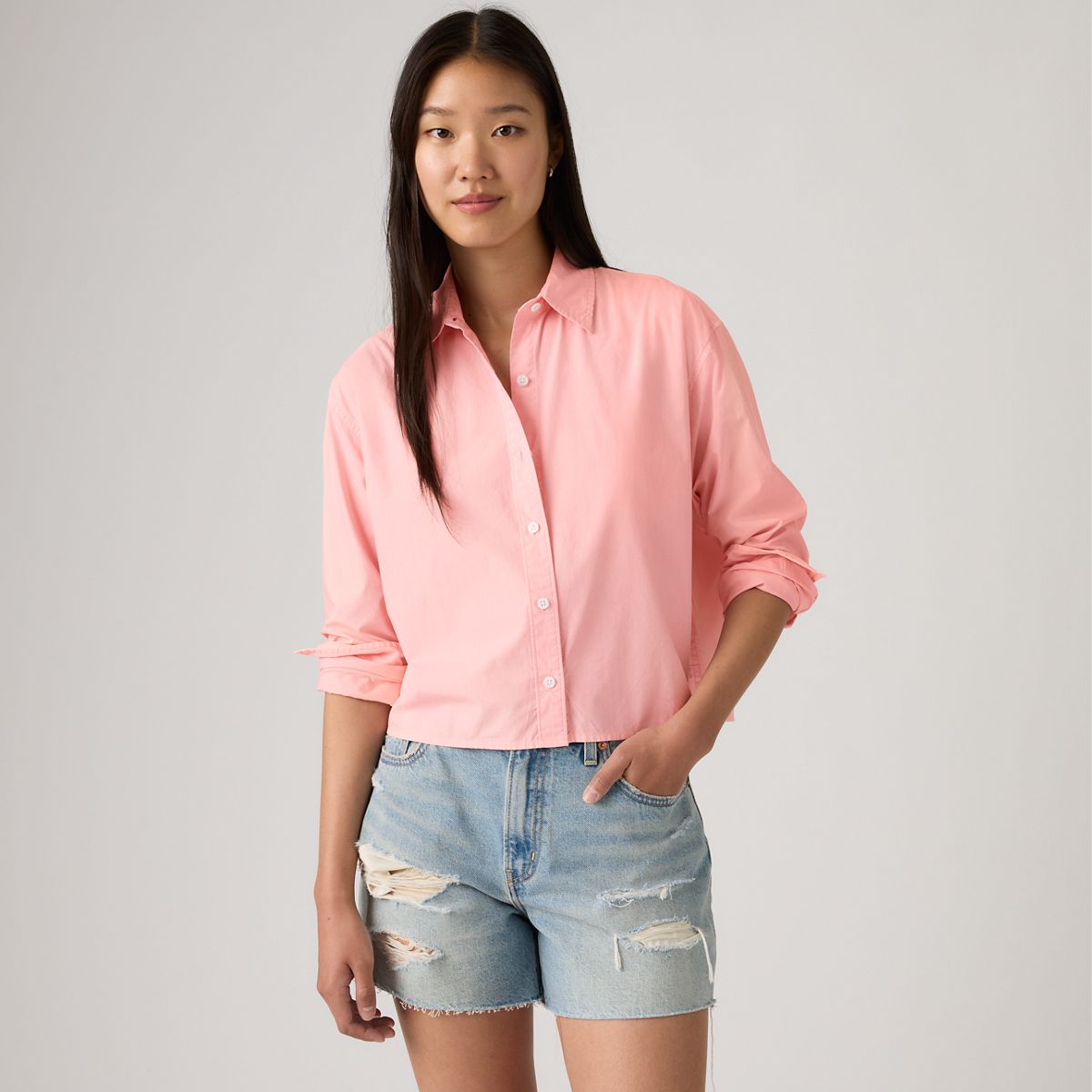 Harlie Cropped Button Down Shirt — Coral Blush GD - Pink