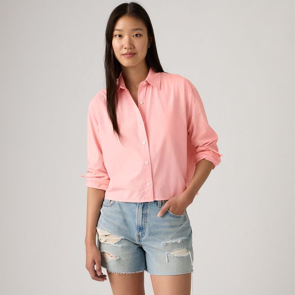 Harlie Cropped Button Down Shirt — Coral Blush GD - Pink