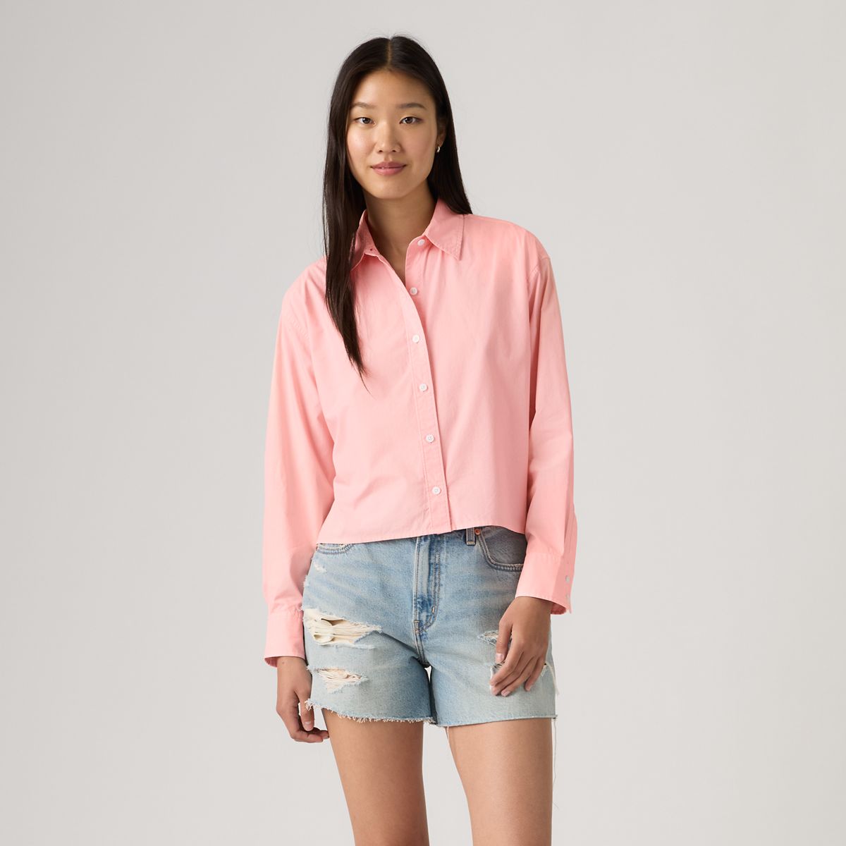 Harlie Cropped Button Down Shirt — Coral Blush GD - Pink