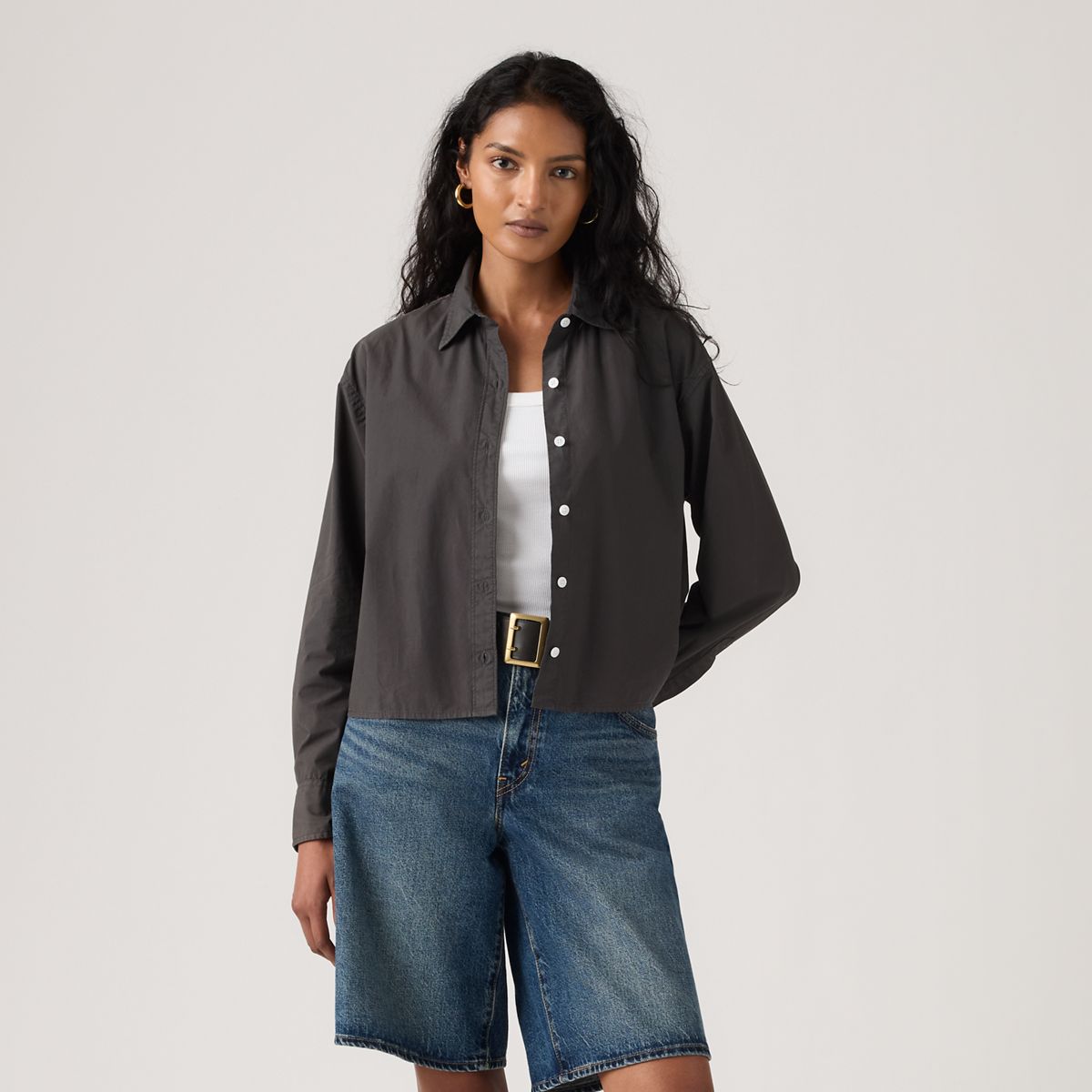 Harlie Cropped Button Down Shirt — Phantom Gd - Black
