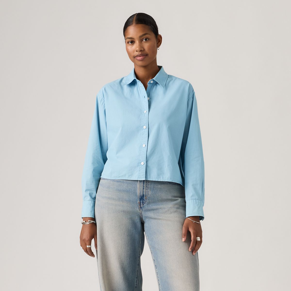 Harlie Cropped Button Down Shirt — Glacier Lake Gd - Blue