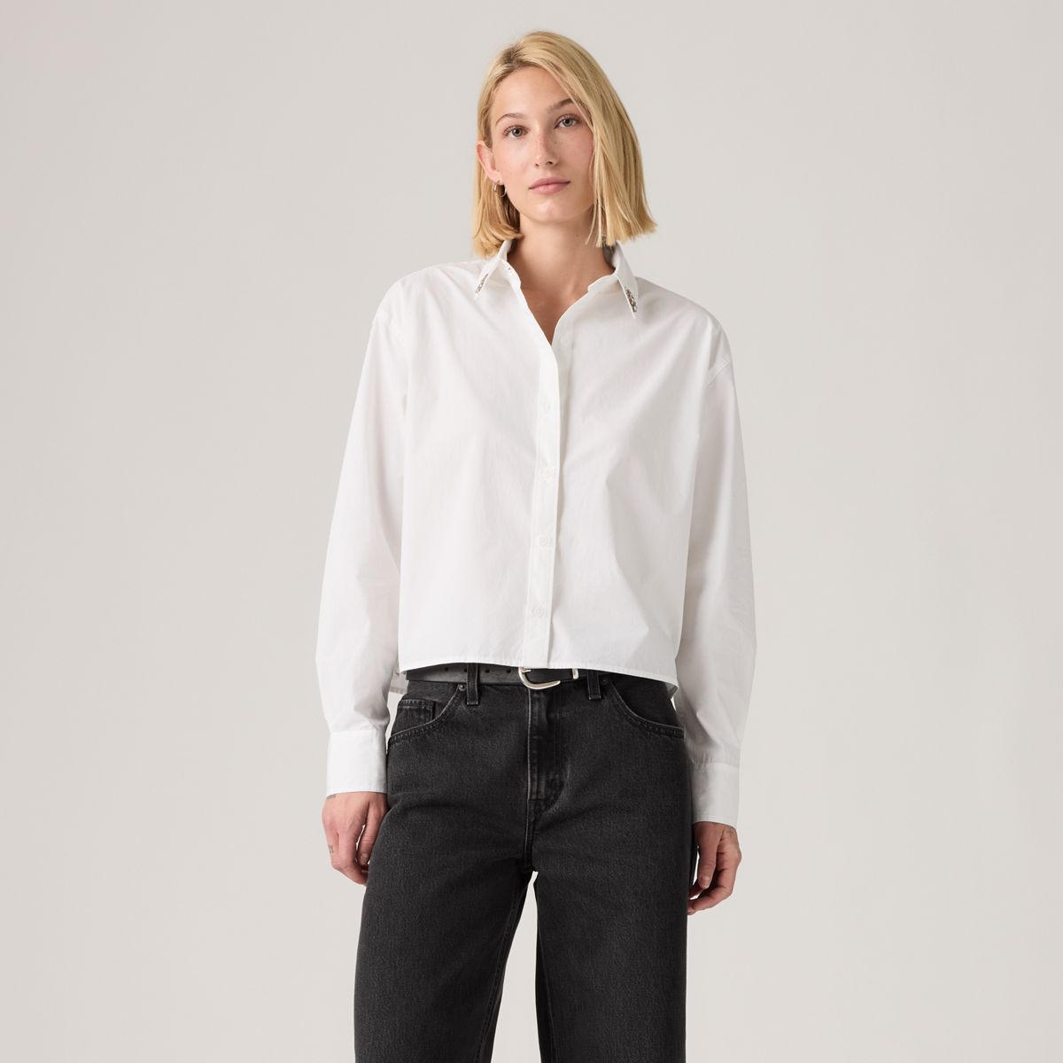 Harlie Cropped Button Down Shirt — Embellished Collar - Pink