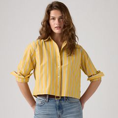 Harlie Cropped Button Down Shirt — Anouk Stripe Spicy Mustard - Yellow 1